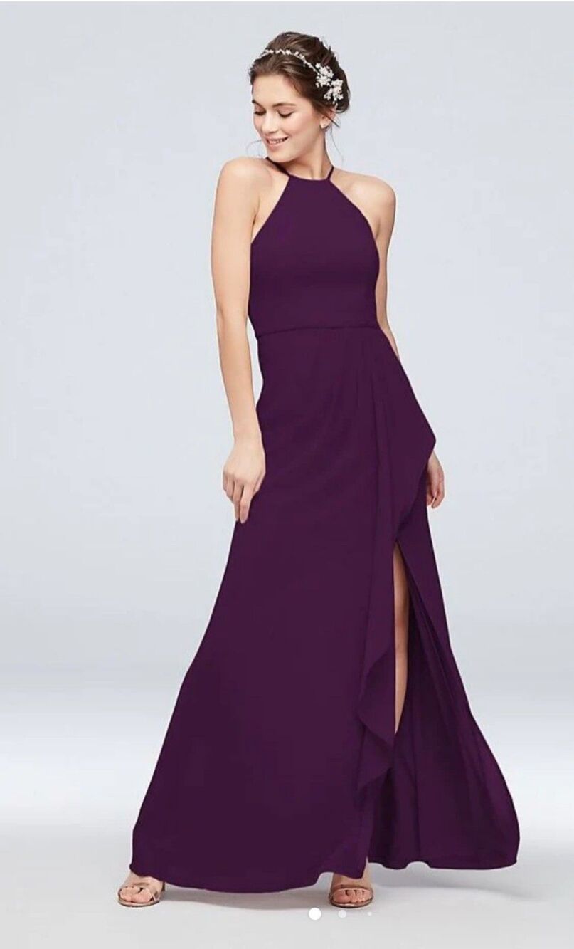 David's Bridal Bridesmaid Plum Chiffon High Neck Cascade Dress Women's 16 Flawed